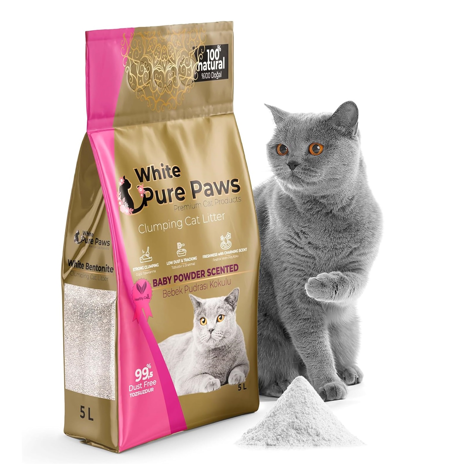 White Pure Paws Kattenbakvulling - Bentoniet - Babypoeder - 5L